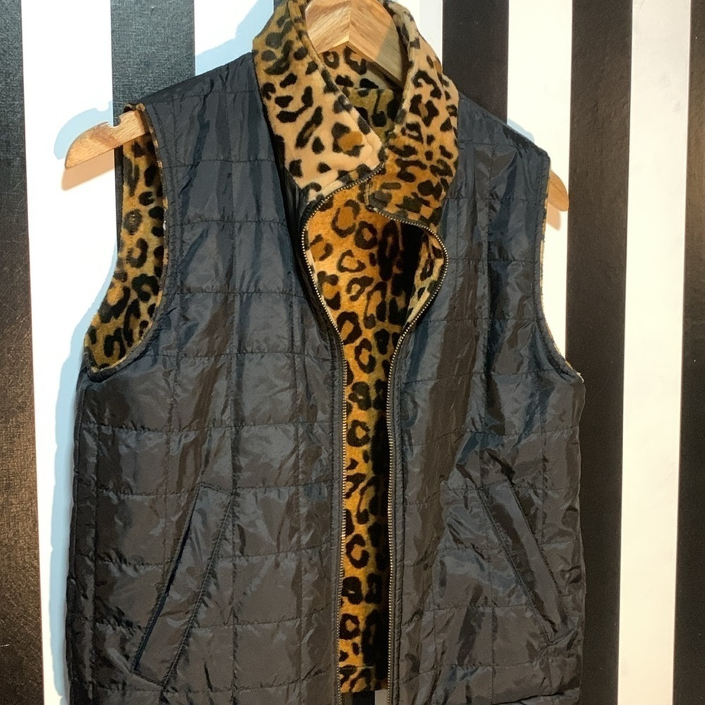 Vintage Reversible Black/Leopard Print Winter Puffy Vest 90s y2k Aesthetic Small - Picture 12 of 14